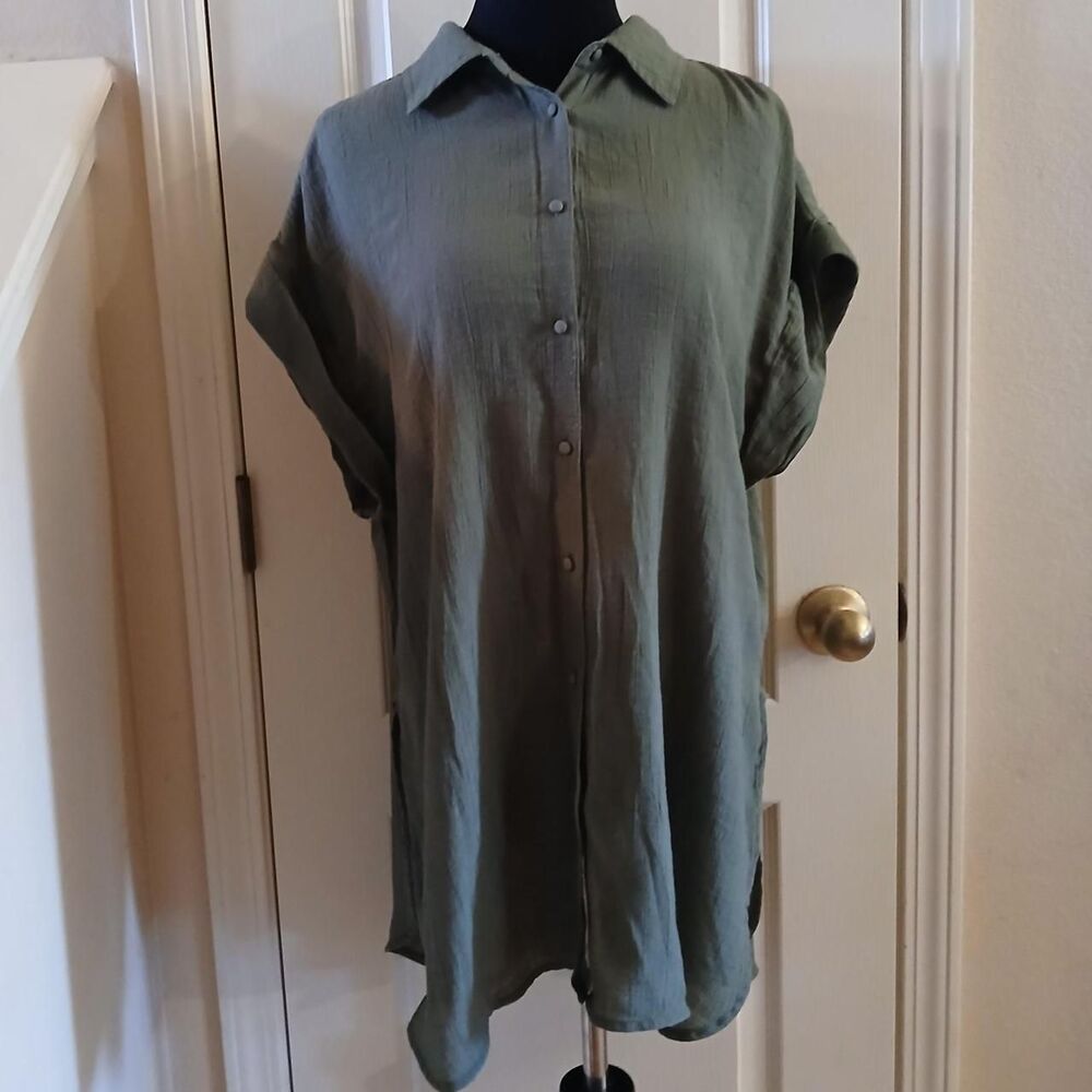 Nanette Lepore Green Button Up Collared Tunic Shirt L Coastal Old Money Basic